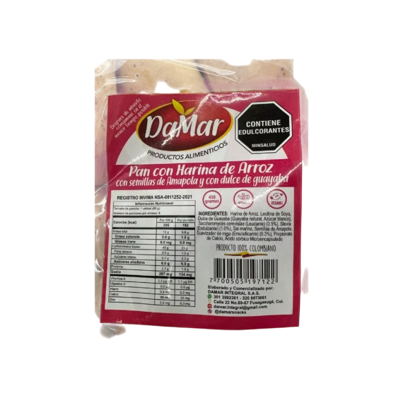 Pan con Harina de Arroz con Semillas de Amapola con Dulce de Guayaba DaMar x 450 g - Imagen 2